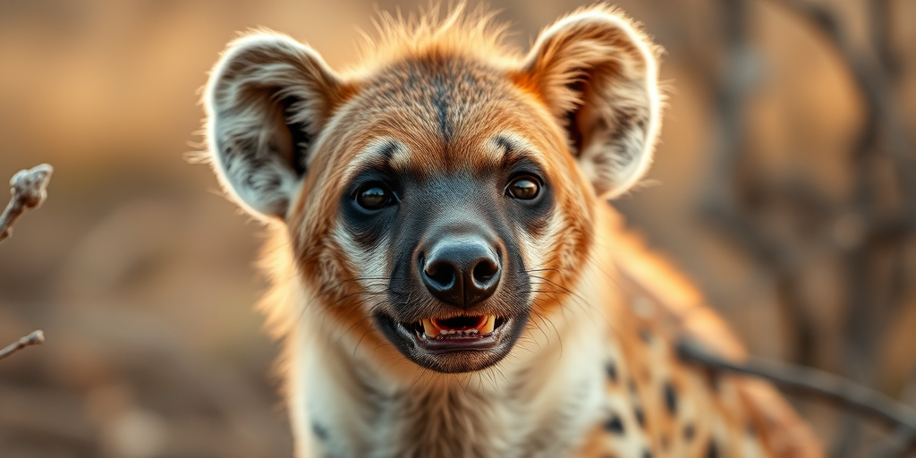 Close-up of a hyena in natural habitat, soft golden hour lighting, focal length 85mm, aperture f/2.8, shutter speed 1/500 sec, DSLR camera, shallow depth of field for background blur.