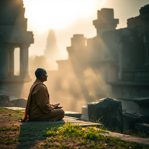 Generate an image of a serene monk meditating by ancient stone ruins, soft morning light filtering through mist, shallow depth of field, Canon EOS R5, 50mm f/1.2 lens, aperture f/2.8, ISO 100, capture in vivid colors.