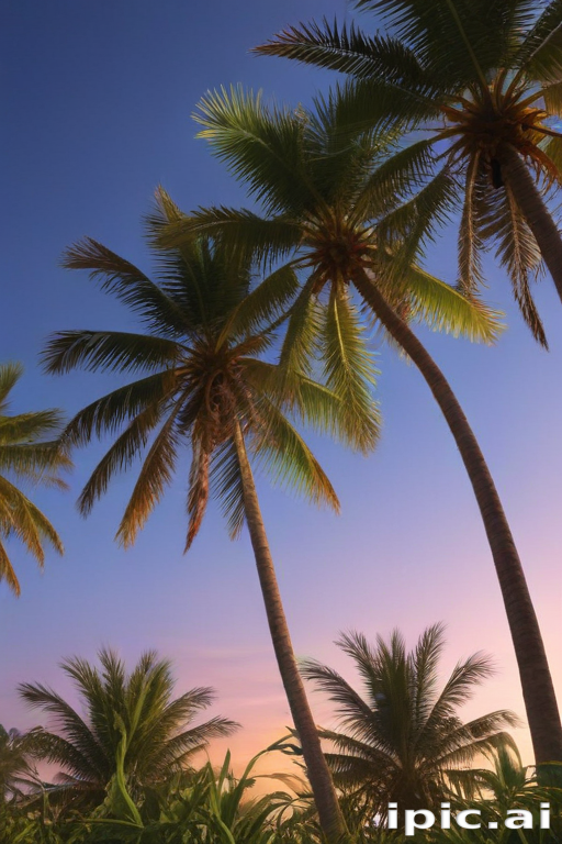 Tranquil Sunset Over Tropical Paradise Surrounded by Tall Palm Trees