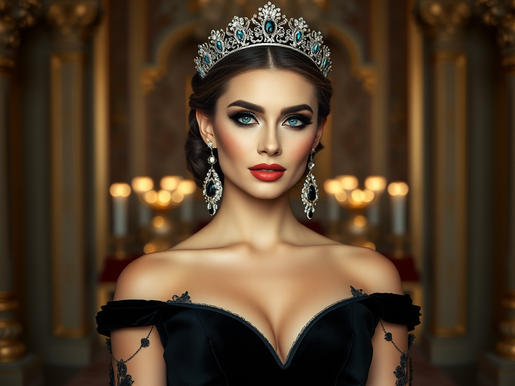 A gorgeous Azerbaijani woman in a luxurious black gown, accessorized with a dazzling tiara and statement earrings, her deep cyan eyes highlighted by impeccable makeup, poised in a royal setting, photorealistic, 8K quality