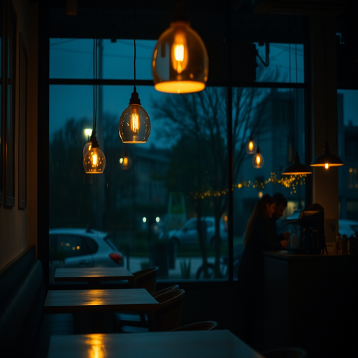 Low-light, moody image of a coffee shop at dusk, soft glow from hanging pendant lights casting a warm hue on the wooden tables, a barista steaming milk in the background, a couple quietly chatting by the window, light rain tapping against the glass.