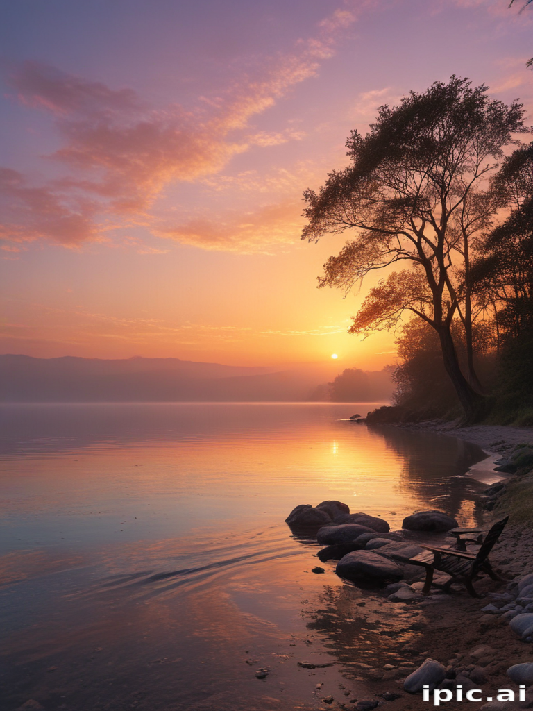 Serene Sunrise Over Calm Waters with Silhouetted Trees and Rocks