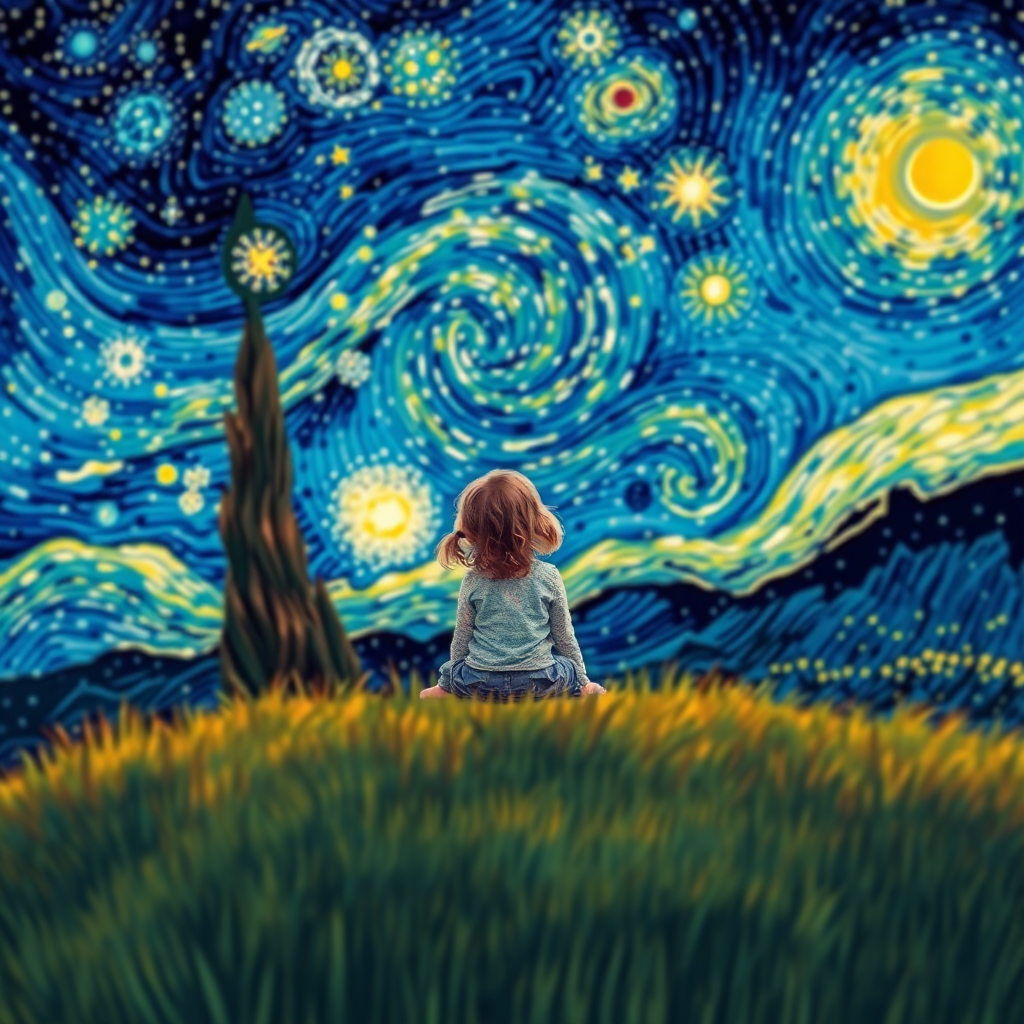 A young girl sitting on a grassy hill, looking up at the starry night sky painted in the style of Vincent Van Gogh's famous "Starry Night". The entire image is composed of tiny dots, giving it a dreamlike and illusionary quality. The girl is surrounded by vibrant colors and swirls in the sky, with stars twinkling above her