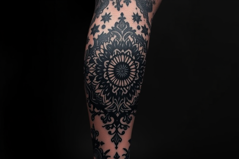 Powerful blackout tattoo covering the entire leg, featuring solid black ink with strategic negative space elements revealing intricate patterns and designs, creating a bold and dramatic visual statement