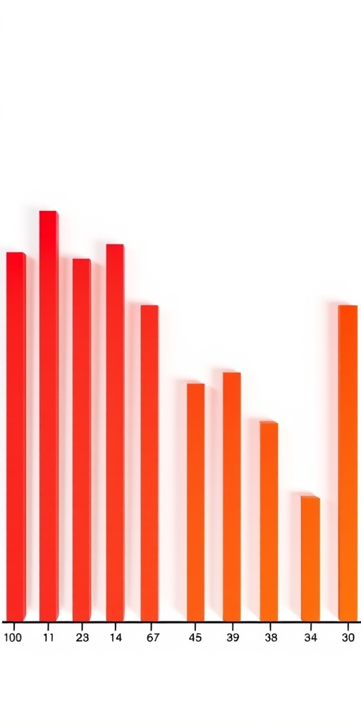 Create a high-resolution image of a dynamic downward trend graph with vertical bars in shades of red and orange, camera settings 50mm f/1.8 aperture, ISO 100, captured from a top-down view using a DSLR camera with a clean white background for enhanced contrast.