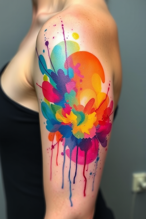 Whimsical watercolor splatter tattoo named "Technicolor Dreamscape" featuring an explosion of vibrant, translucent colors that blend and overlap to create a dreamlike abstract landscape, with delicate splatters and drips adding texture and movement to the design, resulting in a unique and eye-catching piece that resembles a wearable work of modern art