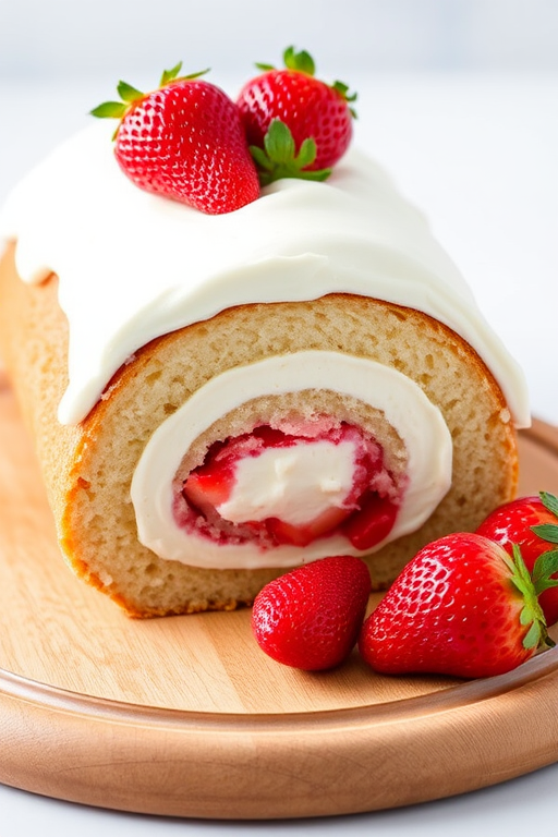 Create an image of a strawberry cream roll cake with a fluffy white frosting topped with fresh strawberries on a wooden board. The cake should have a visible swirl of strawberry filling inside, and there should be a few whole strawberries placed next to the cake. The background should be soft and light to highlight the cake.