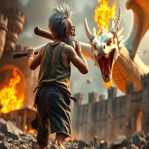 Cartoon 3D High-Resolution,dynamic battle scene using Unreal Engine 5 and Octane Render. The scene features back of an elderly, thai man with a beard,messy hair and round golden-rimmed glasses. He is wearing a tattered tank top with soot marks, shorts, and sandals. sweating. he wields a baseball bat. He jump to fight with a white fire-breathing Europe dragon amidst a partially destroyed stone castle. Include intense flames, smoke, and debris to enhance the dramatic effect.