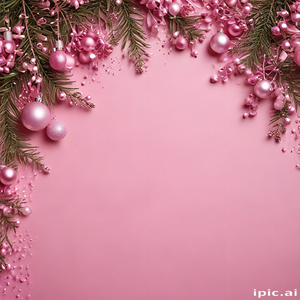 Festive Pink and Green Holiday Decor with Ornaments and Pine Branches