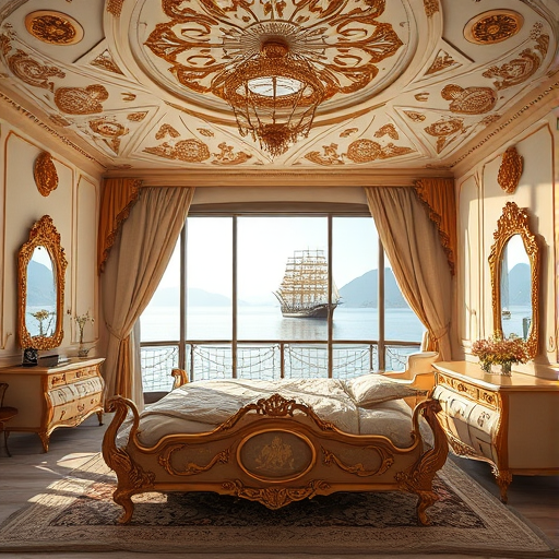 high-resolution image of a luxurious bedroom with a gold-framed bed, intricate ceiling design, and a large window showing a sailing ship on a bay surrounded by mountains, shot with a DSLR camera at 35mm, f/2.8 aperture, ISO 100, soft natural lighting for a serene atmosphere