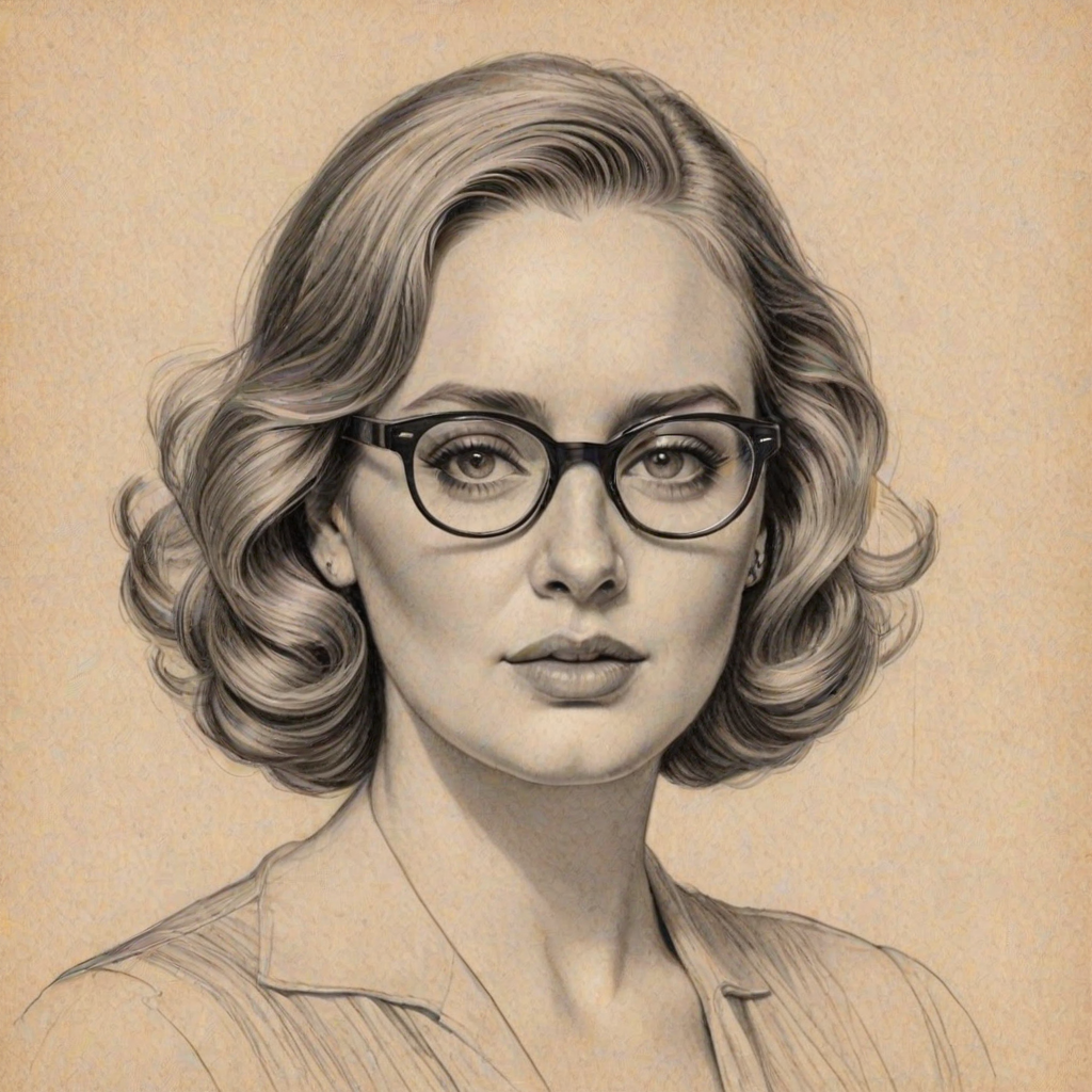Radiant Adele Laurie Blue Adkins, pencil sketch, portrait of Gorgeous woman 1934s in glasses, hair style beatnik, outline, clear lines, fine lines, 8k