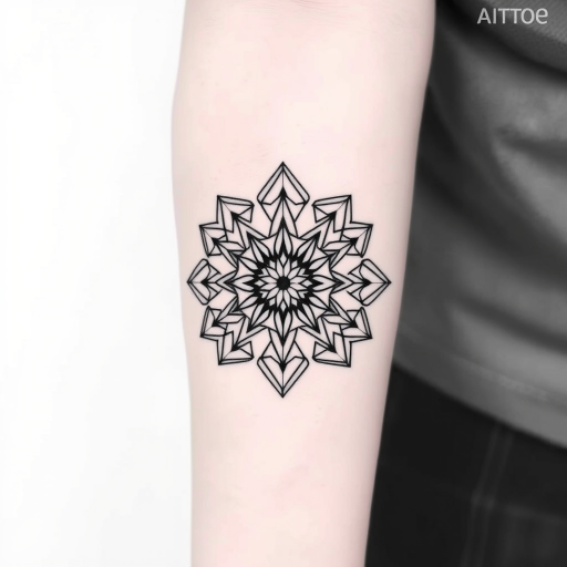 Minimalist blackwork tattoo called "Geometric Harmony" composed of precise, interconnected geometric shapes forming a mandala-like pattern, using varying line weights to create depth and dimension, with negative space incorporated to enhance the overall design, ideal for forearm or chest placement