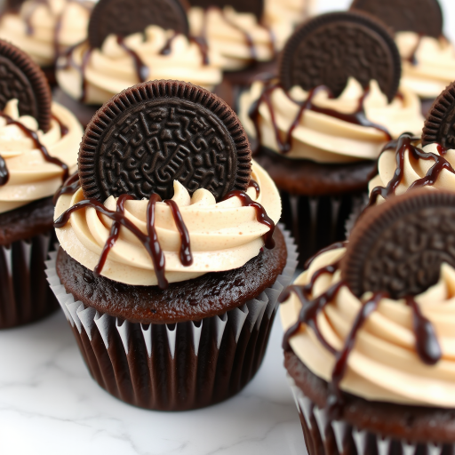 A close-up view of delicious chocolate cupcakes with fluffy cookies and cream frosting topped with an Oreo cookie and drizzled with chocolate sauce arranged on a white marble surface.
