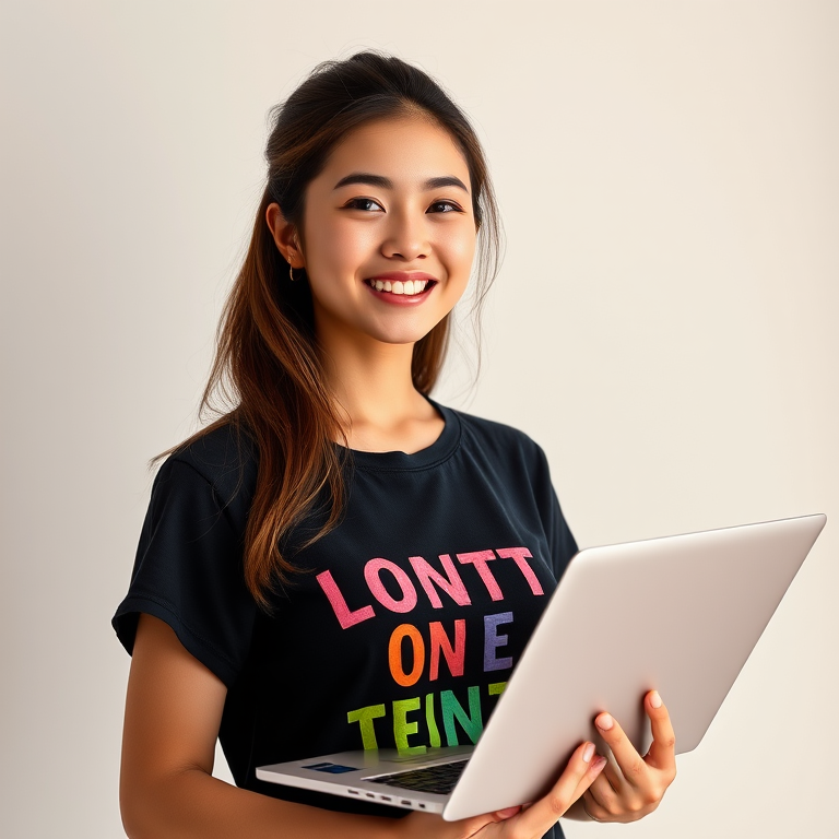 portrait of a young woman holding a laptop, wearing a black t-shirt with vibrant colored text, smiling, minimalist background, soft lighting, Canon EOS R5, 85mm lens, f/2.8, ISO 100, studio setting, high-resolution