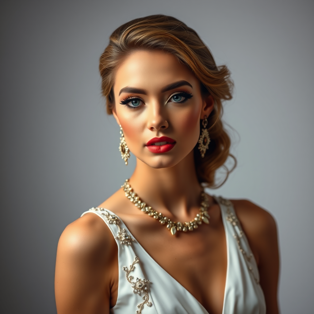 Studio portrait, female model, elegant couture dress, bold makeup, dramatic lighting, Shoot over the shoulder using a telephoto lens to focus on small details like jewelry, makeup, or fabric textures