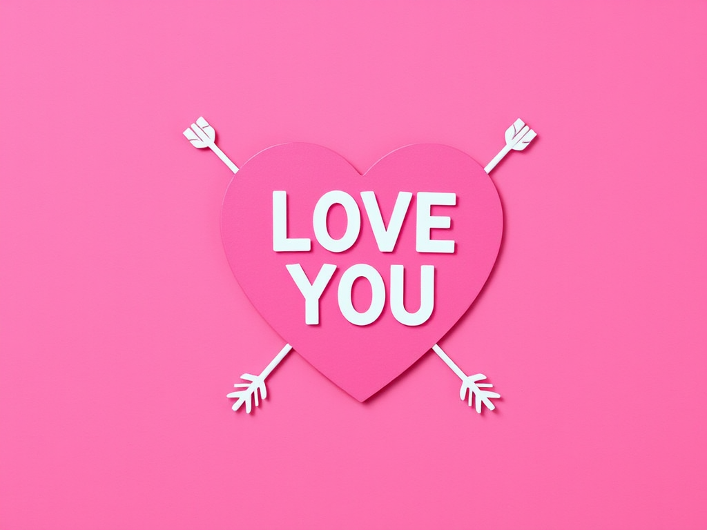 create a vibrant graphic of a pink heart with the text "LOVE YOU" in bold white letters, featuring two arrows crossing behind it, captured with a 50mm lens at f/1.8, ISO 100, in a flat lay style using a digital camera for enhanced clarity and depth.