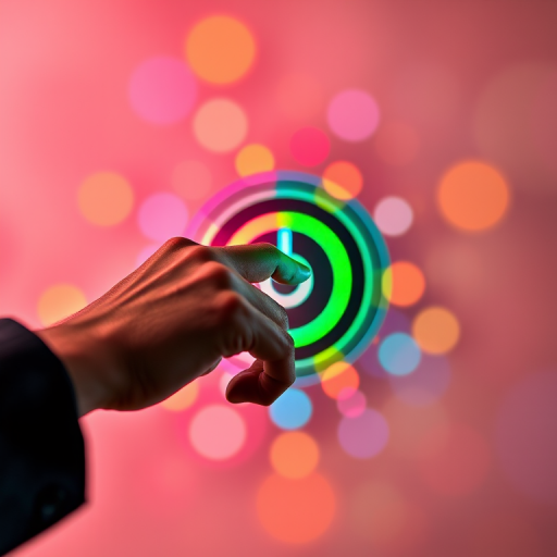 Create an abstract digital image featuring a hand pressing a colorful power button surrounded by varying sized, vibrant circles in a soft gradient background, captured with a 50mm lens at f/1.8, ISO 200, with a shallow depth of field for a smooth bokeh effect, using a mirrorless camera in HDR mode.