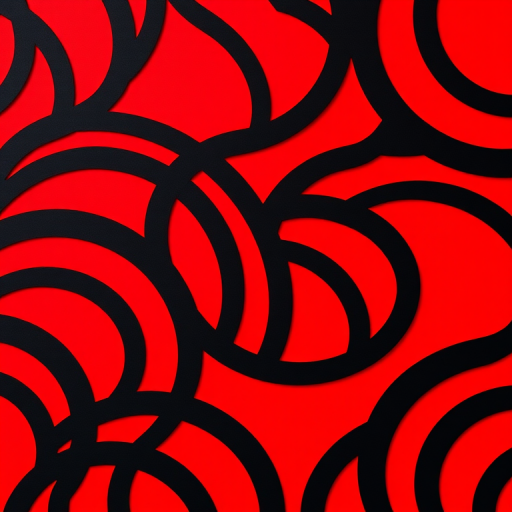 Create a high-resolution abstract pattern with bold black looped lines on a vibrant red background using a DSLR camera with a 50mm lens at f/1.8, ISO 100, and a balanced exposure, focusing on a top-down view to enhance depth and clarity.
