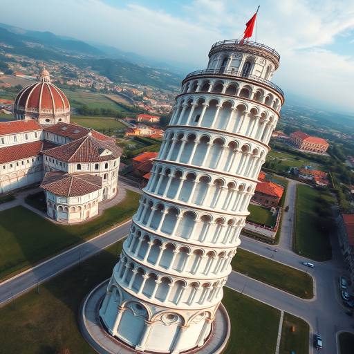 Create a high-resolution 3D rendering of the Leaning Tower of Pisa from an aerial perspective, with a wide-angle lens at f/11, ISO 100, using a DSLR camera to enhance clarity and detail, in natural daylight, emphasizing texture and architectural features.