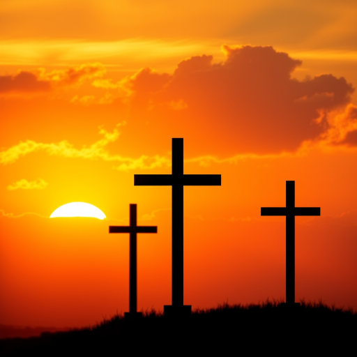 A serene sunrise landscape featuring three crosses silhouetted against a vibrant orange and yellow sky, with soft clouds illuminated by sunlight, captured with a DSLR camera, f/8 aperture, 1/200 sec shutter speed, ISO 100, wide-angle view, high dynamic range to enhance colors and details.