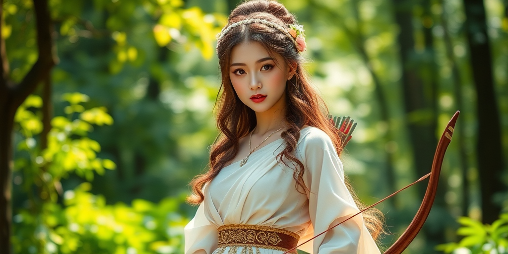 Create a portrait of a goddess-like Japanese girl figure in a tranquil, forested environment. She has an elegant appearance with long, wavy hair styled in an updo and adorned with a delicate, floral headband. She wears a flowing, ancient Greek-inspired gown in a soft, pale color, featuring a one-shoulder design and draped fabric that accentuates her graceful form. The outfit includes a decorative belt with ornate gold detailing, and she holds a bow in her hand, with a quiver of arrows slung over her shoulder. The background depicts lush greenery, with sunlight filtering through the trees, casting a gentle, ethereal light on the scene. Her expression is calm and contemplative, embodying a sense of wisdom and serenity.