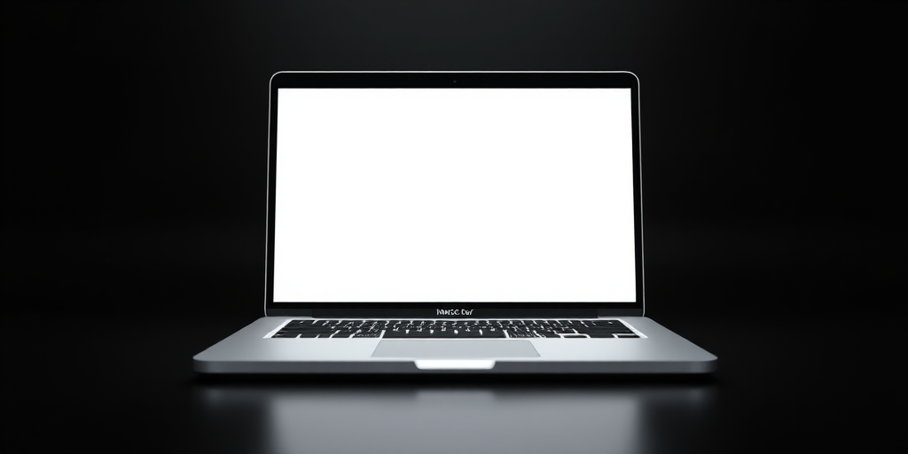 Create a high-resolution image of a MacBook Pro on a sleek black background, using a 50mm lens, f/1.8 aperture, 1/200 sec shutter speed, with a soft focus style, shot from a low angle with a DSLR camera.