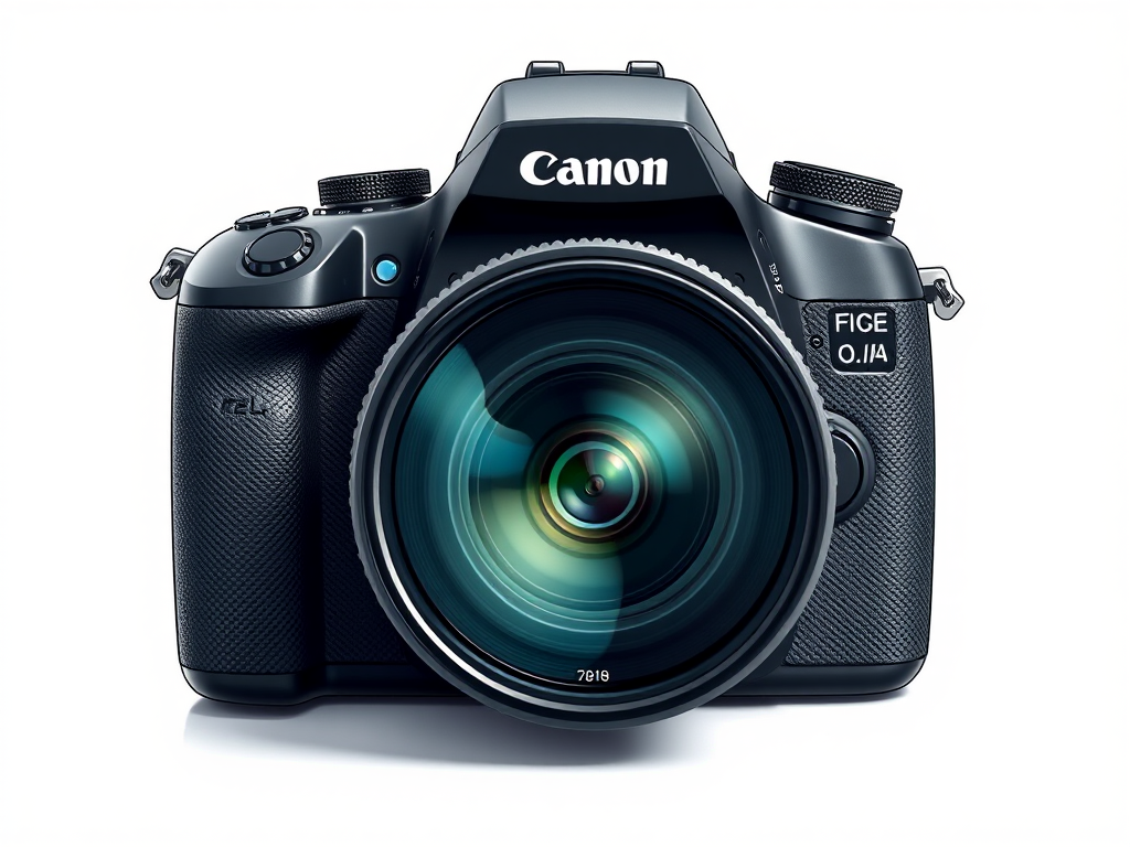 Generate a detailed illustration of a modern DSLR camera with a focus on the lens and camera body, using a shallow depth of field, aperture f/1.8, ISO 100, shutter speed 1/200, in a bright studio lighting setup, frontal view with a clean white background.