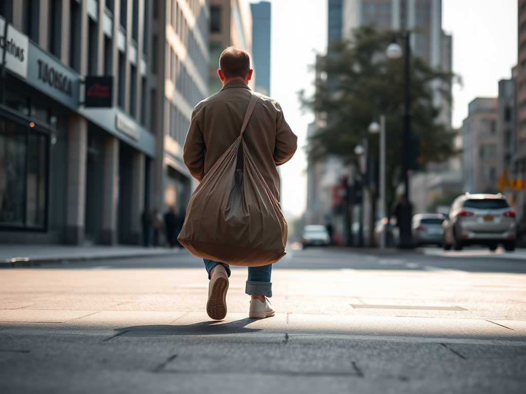 a person walking away carrying a large bag on a city street during the day, soft natural lighting, aperture f/4, shutter speed 1/250s, ISO 200, 50mm lens, DSLR camera, shot from a low angle to emphasize perspective and depth