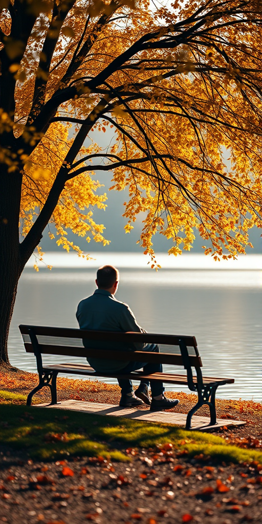 generate an image of a person sitting on a bench by a lake surrounded by autumn trees with golden leaves, soft morning light, shallow depth of field, f/2.8 aperture, 85mm lens, ISO 200, taken with a full-frame DSLR camera from a low angle to enhance the scene and create a dreamy atmosphere