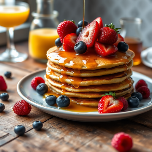 Create a vibrant, high-quality image of a stack of pancakes topped with fresh fruits like strawberries, blueberries, and raspberries, drizzled with syrup, set on a rustic wooden table with glasses of orange juice and a small jug of syrup in the background, captured with a Canon EOS R5, 50mm f/1.2 lens, at f/2.8, with soft natural lighting and a shallow depth of field.