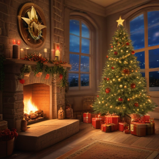 Cozy Christmas Scene Featuring a Beautifully Decorated Tree and Fireplace
