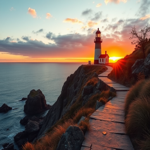 Generate a coastal sunset scene featuring a lighthouse on a rocky cliff with a winding path leading to it, using a DSLR camera with a 24mm lens, f/8 aperture, ISO 100, and a golden hour perspective for enhanced lighting and detail.