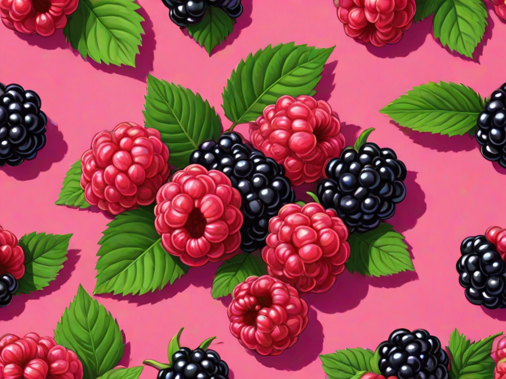 a vibrant illustration of a cluster of raspberries and blackberries on a bright pink background, emphasizing their textures and colors in a playful, cartoonish style