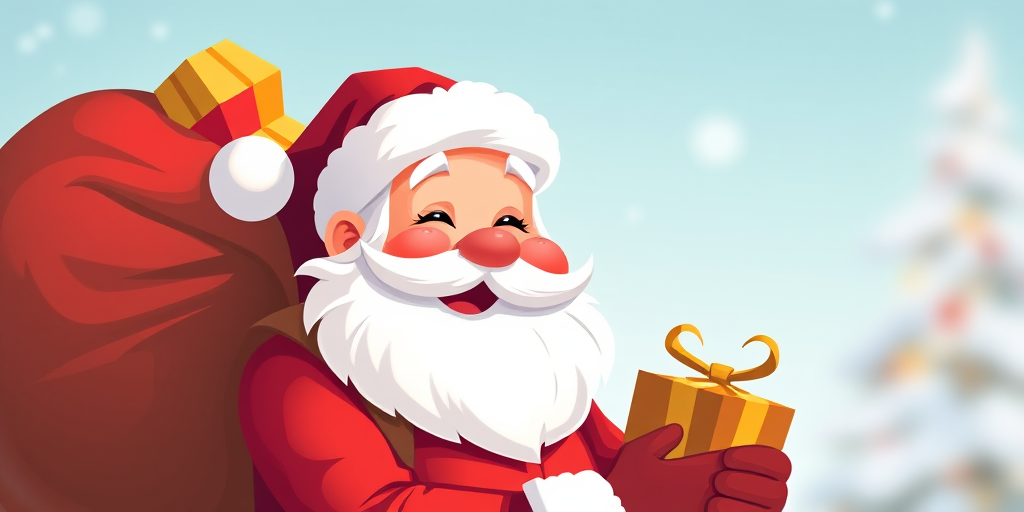 Create an illustration of a cheerful Santa Claus with a large bag over his shoulder, full of gifts, in a bright color palette, using a DSLR camera with a 50mm lens, aperture set to f/2.8, ISO 100, and a soft focus background to enhance image quality.