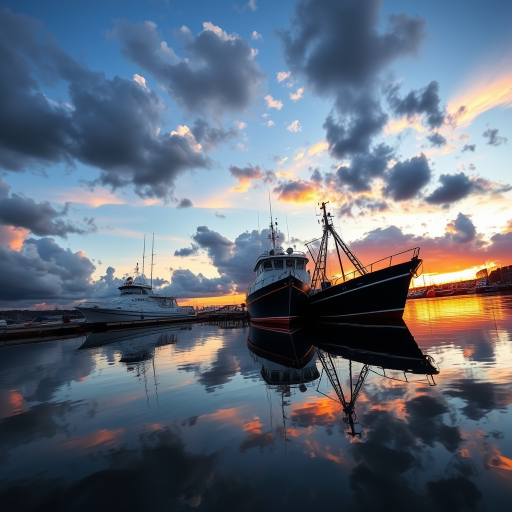capture a picturesque harbor scene at sunset with dramatic clouds, featuring two boats reflecting in calm water, use a DSLR camera with a wide-angle lens, set aperture to f/8, ISO 200, shutter speed at 1/60 sec, shoot from a low angle to emphasize the boats and the vibrant sky.