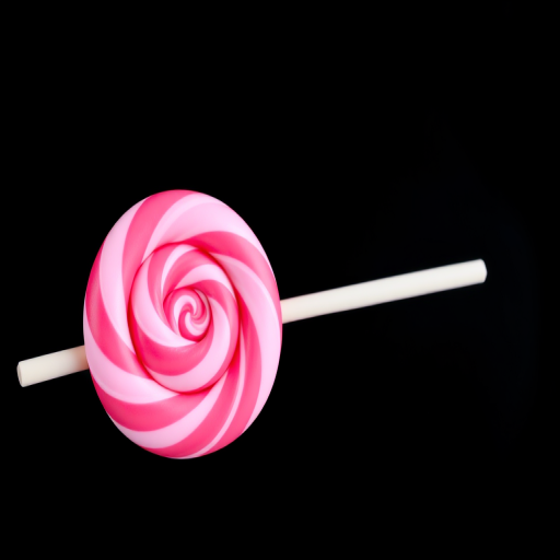 Create a vibrant illustration of a large, spiral lollipop with bright pink and red swirls on a black background, captured in high resolution using a DSLR camera, 50mm lens, f/1.8 aperture, ISO 100, and a soft focus style to enhance color saturation and detail.