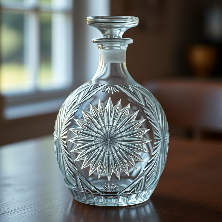 create a high-resolution image of a vintage glass decanter with intricate starburst designs, captured with a DSLR camera at f/2.8 aperture, 50mm lens, in soft natural light, using a shallow depth of field to highlight the details and textures of the glass against a blurred background.