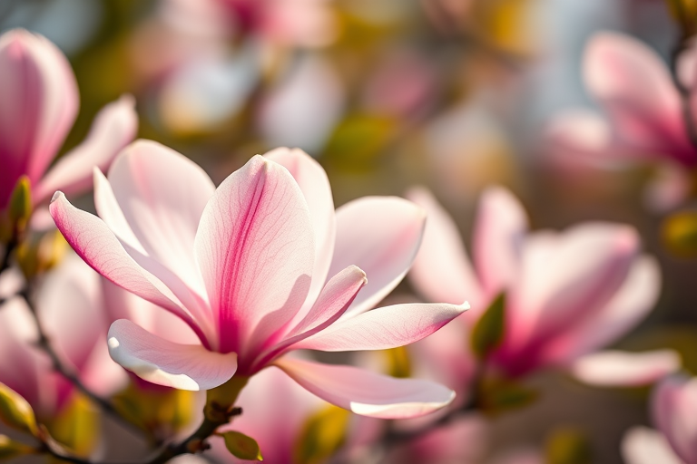 close-up of blooming magnolia flowers with soft bokeh background, taken with a Canon EOS R5, 50mm f/1.2 lens, aperture at f/2.8, ISO 200, natural light, shallow depth of field, vibrant colors