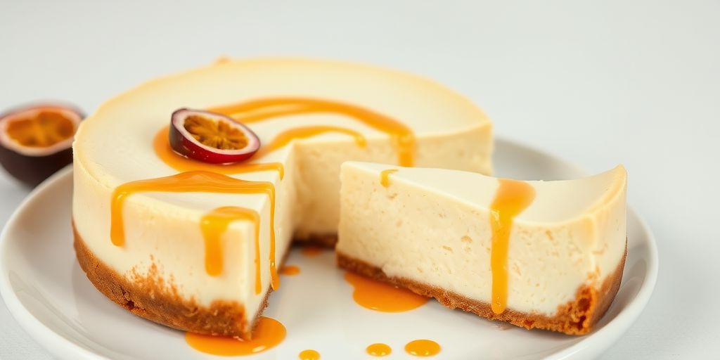A delicious cheesecake with a creamy topping and passion fruit drizzle on a white plate with a slice cut out, set against a light background.