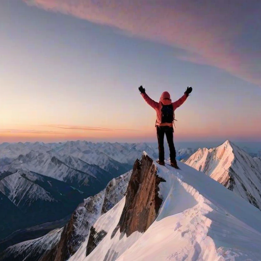 Crisp, high-resolution image of a mountain peak at dawn, soft pink and orange hues painting the sky, a lone climber standing at the summit, arms raised in triumph, snow-covered peaks in the background, long shadows stretching across the landscape.