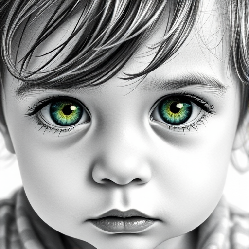 A hyperdetailed photorealistic black and white sketch of a beautiful toddler with deep green eyes, with a macro focus