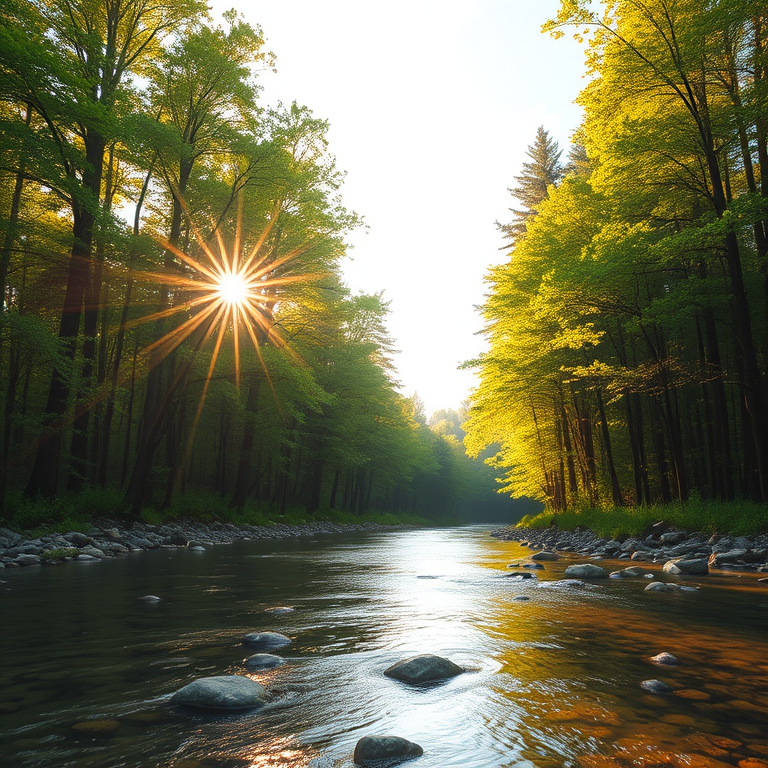 Create an image of a serene, sunlit forest scene with a clear, gently flowing river. Tall trees with lush green foliage line both sides of the river, their leaves bathed in the warm golden light of the setting or rising sun. The sunlight filters through the trees, casting soft, dappled light on the river, which flows over smooth rocks and pebbles, creating a peaceful, natural atmosphere. The sky is bright with a few scattered clouds, and the overall mood is tranquil, evoking a deep sense of connection with nature. The image captures the beauty of a calm, pristine forest landscape at either dawn or dusk.