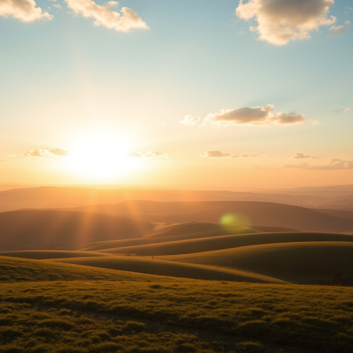 generate a serene sunrise landscape with rolling blue hills, soft fluffy clouds in a clear sky, vibrant sun rays illuminating the scene, use a DSLR camera with a 50mm lens, aperture f/8, ISO 100, and a wide-angle view to enhance image quality.