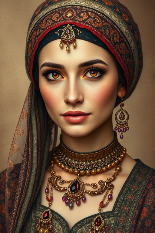Create a portrait of a beautiful Sephardic woman with striking red eyes and a gentle expression. She is adorned in traditional attire with intricate patterns, including a richly embroidered headscarf and matching garments. Her jewelry includes a delicate headpiece, dangling earrings, and ornate bracelets, all featuring vibrant gemstones and detailed metalwork. The background is soft and warm, enhancing the rich colors of her outfit and jewelry.