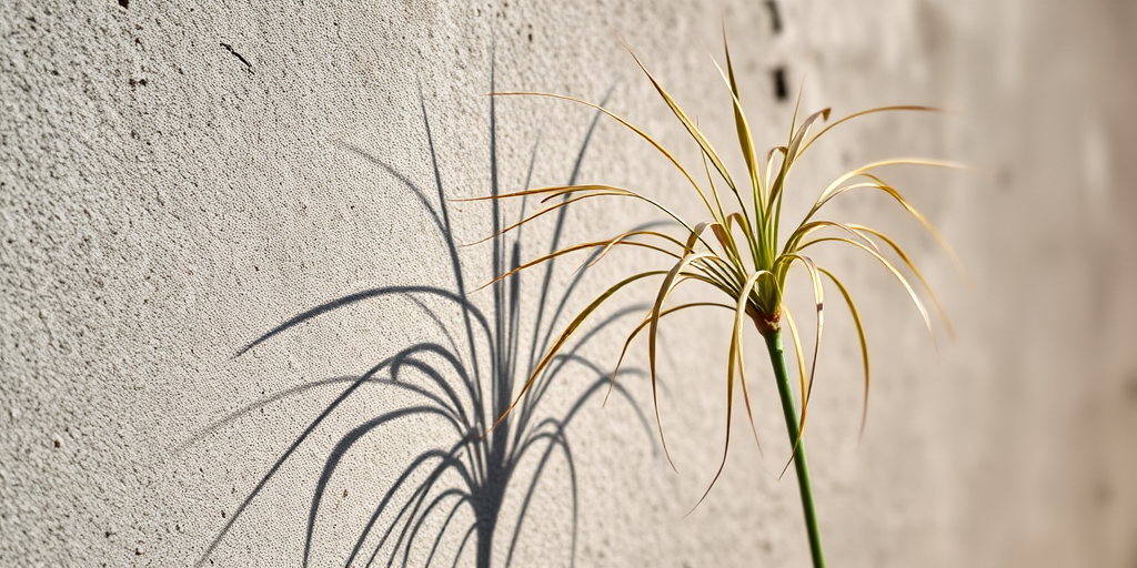 Capture a close-up of a plant with long stems and shadows on a textured concrete wall, using a DSLR camera, 50mm lens, f/2.8 aperture, ISO 100, natural lighting, with a soft focus on the background for enhanced depth.