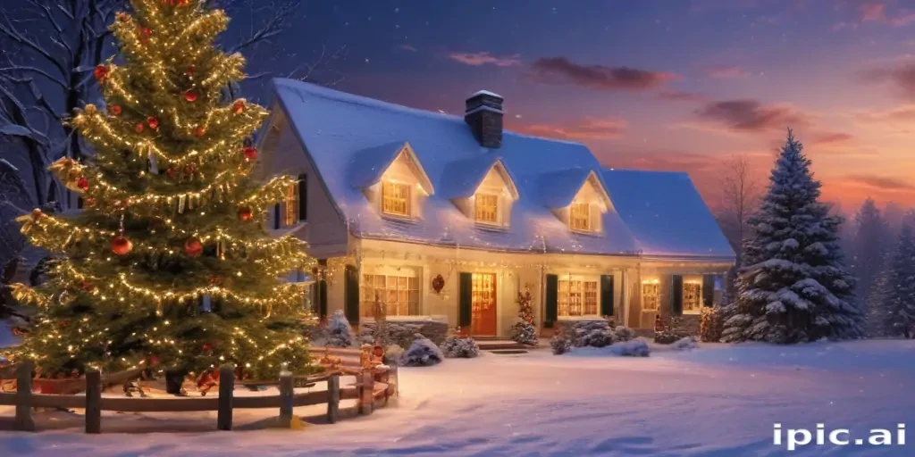 A Cozy Winter Evening Scene with a Decorated Christmas Tree and Snowy ...