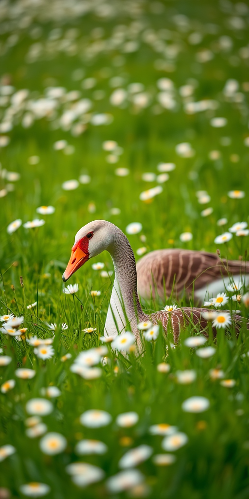 A Canada goose foraging in a lush green meadow filled with daisies, shot with a Canon EOS 90D, 100mm lens, f/2.8 aperture, 1/200 sec shutter speed, natural lighting, shallow depth of field, vibrant colors.