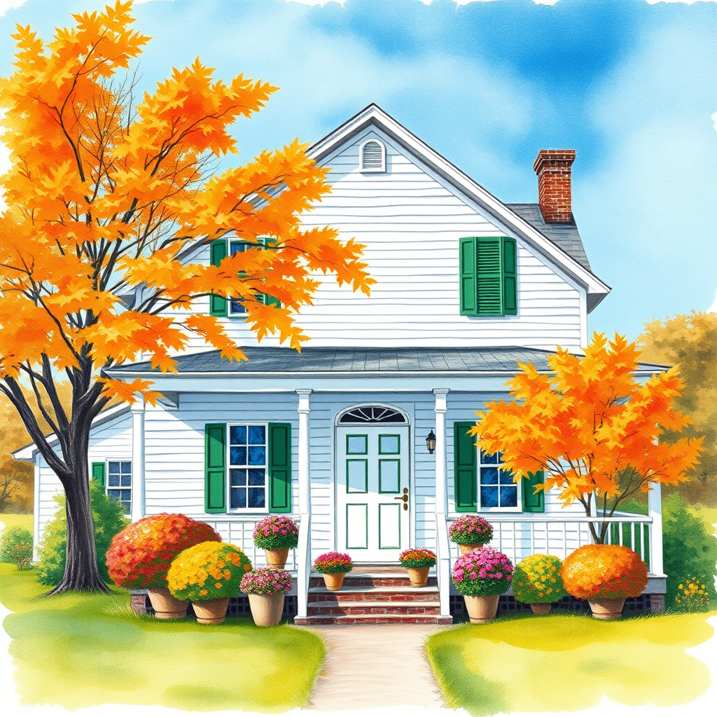 a white farmhouse with green shutters, vintage feel, blue sky, trees in autumn color, leaves slightly blowing in the breeze, colorful autumn flowers in pots on the front porch of the farmhouse, watercolor