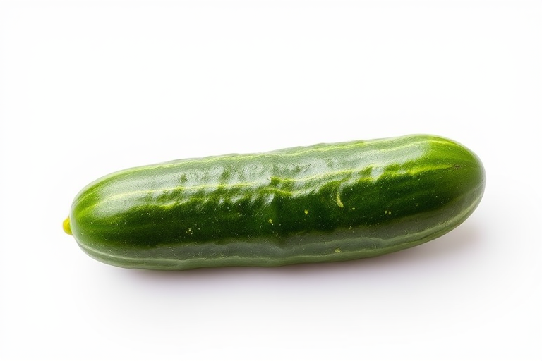Create a high-resolution image of a cucumber on a white background, using a DSLR camera with a 50mm lens, aperture set to f/2.8, ISO 100, and natural lighting to enhance colors and details.