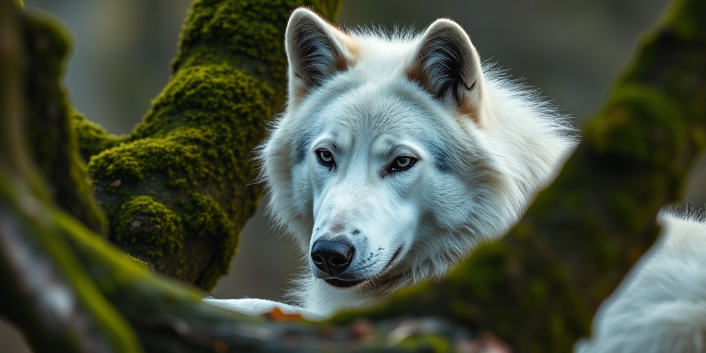 a close-up of a white wolf resting near moss-covered trees, natural lighting, f/2.8 aperture, ISO 200, 1/250 sec, DSLR camera, portrait mode, shallow depth of field